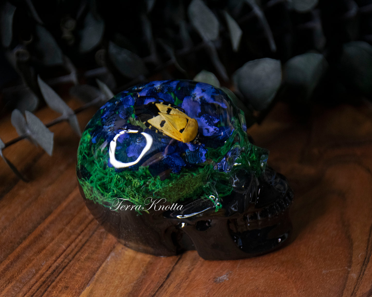 Small Man Face Beetle Floral Moss Skull
