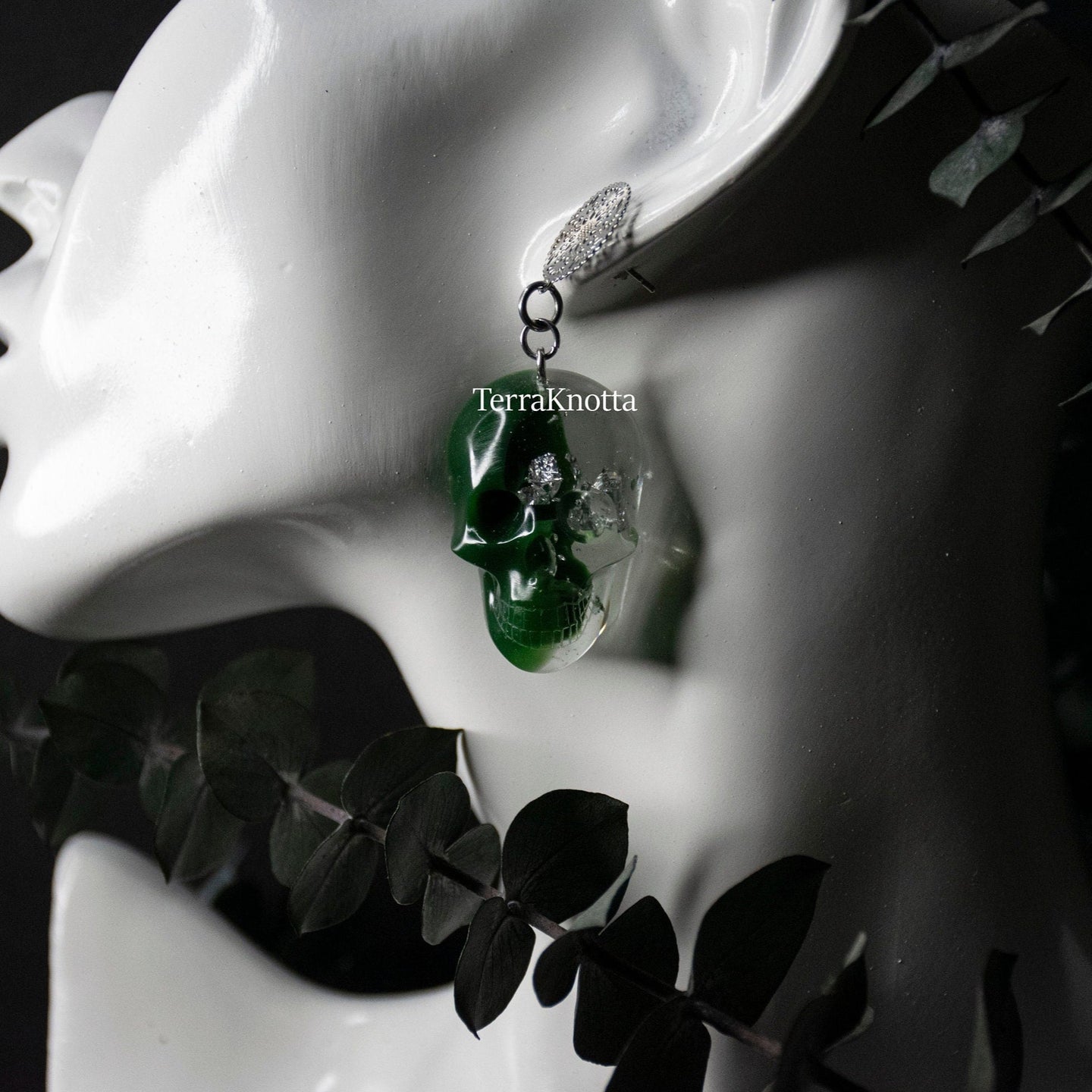 Green & Silver Skull Stud Dangle Earrings