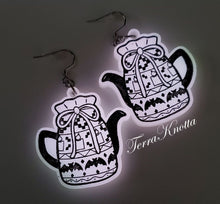 Load image into Gallery viewer, White Glow and Black Bat Teapot Dangle Earrings
