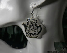 Load image into Gallery viewer, White Glow and Black Bat Teapot Dangle Earrings
